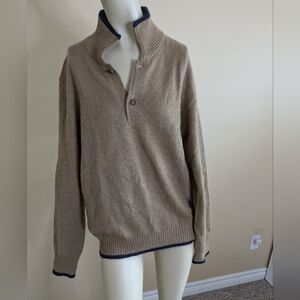 Givenchy Beige Pullover Sweater with Navy Trim. Quarter Button Mohair and wool